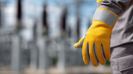 Close up of worker hand wearing insulated yellow gloves managing electrical equipment outdoors safety gear for electrical work protective clothing industrial safety construction site high voltage