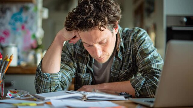 Man Studying: Captivating the intense focus of a man lost in his studies, capturing the quiet determination amidst a backdrop of academic pursuits.