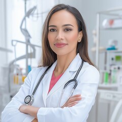 female doctor in a white coat holding a stethoscope, smiling confidently in a bright hospital room with medical equipment in the background