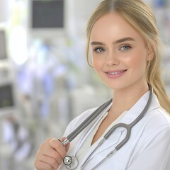 female doctor in a white coat holding a stethoscope, smiling confidently in a bright hospital room with medical equipment in the background