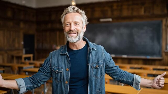 Classroom Confidence: A charismatic teacher stands in a classroom, arms outstretched, ready to share knowledge and inspire his students with unwavering confidence.