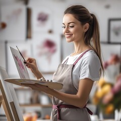 female artist wearing a colorful apron, holding a paintbrush and palette