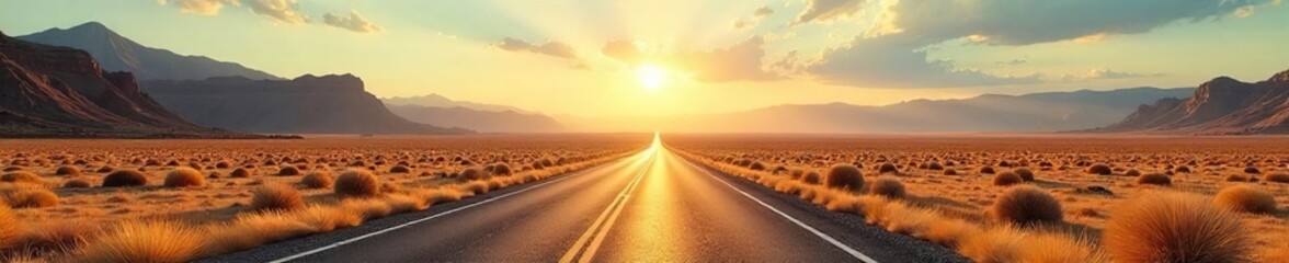Epic highway stretches across a vast, sun-drenched desert landscape, mountains in the distance, promising adventure and freedom on the open road , distance, arid, vast