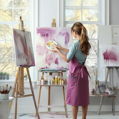 female artist wearing a colorful apron, holding a paintbrush and palette