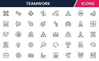 A dynamic Vector illustration web line icon collection for teamwork, featuring modern, minimalist designs ideal for collaborative UI/UX, websites, and apps, ensuring high-quality visuals.