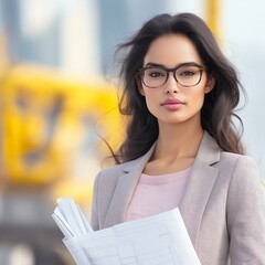female architect in a sleek blazer, holding blueprints and wearing glasses, standing in front of a construction site with cranes in the background