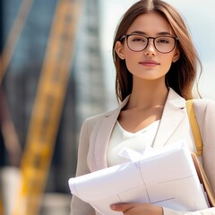 female architect in a sleek blazer, holding blueprints and wearing glasses