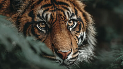 Fototapeta premium A Sumatran tiger peers from the jungle undergrowth in a dramatic close-up portrait