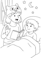 Coloring book page of a mother reading bedtime story to children.