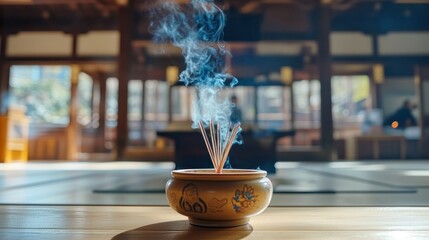 Incense sticks burning in a temple.  Smoke rising