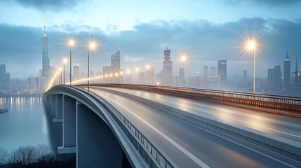 elevated view of a newly constructed overpass, featuring smooth concrete lanes and decorative lighting, set against a sprawling city skyline
