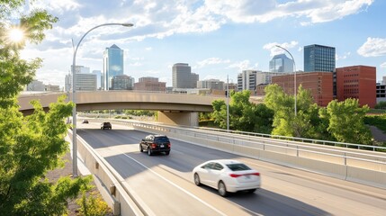 elevated view of a newly constructed overpass, featuring smooth concrete lanes and decorative lighting