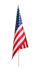 Small tabletop flag of the USA isolated on white background. Symbol of patriotism and holiday.
