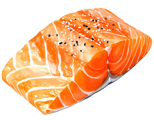 fresh raw salmon fillet with sesame seeds in watercolor style, gourmet seafood illustration for sushi and healthy cooking on isolated background
