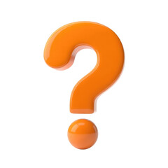 A glossy orange question mark isolated on a black background in a studio style rendering effect