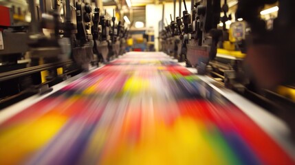 High-speed printing press in action.  Colorful sheets of paper move rapidly through industrial machinery