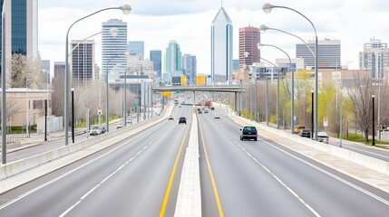 elevated view of a newly constructed overpass, featuring smooth concrete lanes and decorative lighting