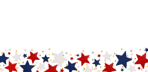 Festive patriotic frame of stars in the colors of the USA flag and confetti. Ideal for American holidays. Frame (border) isolated on white background.