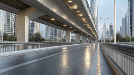 elevated view of a newly constructed overpass, featuring smooth concrete lanes and decorative lighting, set against a sprawling city skyline