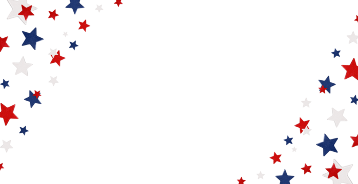 Festive frame made of stars in the colors of the USA flag. White background framed with red, white and blue stars located in the corners. Ideal for American holidays: Independence Day, Labor Day.