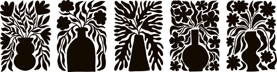 Set of groovy floral botanical black background in trendy naive retro hippie 60s 70s style. Vertical poster with silhouette abstract wavy flower in vase