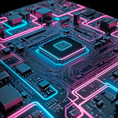 Colorful circuit board with glowing blue and pink lines and components  