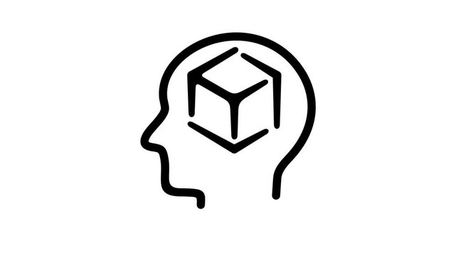 Human head with 3D cube inside, modeling and cybernetics, graphic animation. Alpha channel. Black linear. Transparent background motion design. 4K resolution