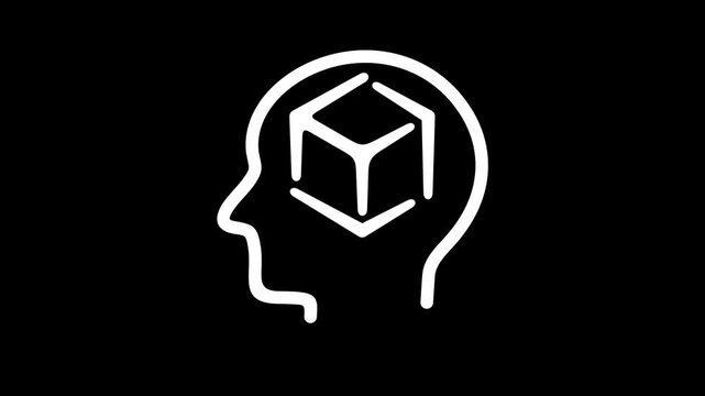Human head with 3D cube inside, modeling and cybernetics, graphic animation. Alpha channel. White linear. Transparent background motion design. 4K resolution