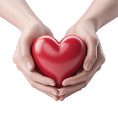 A pair of hands gently holding a red heart shape against a dark black colored background in a studio shot