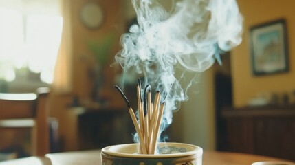 Incense sticks burning, producing fragrant smoke, indoor setting