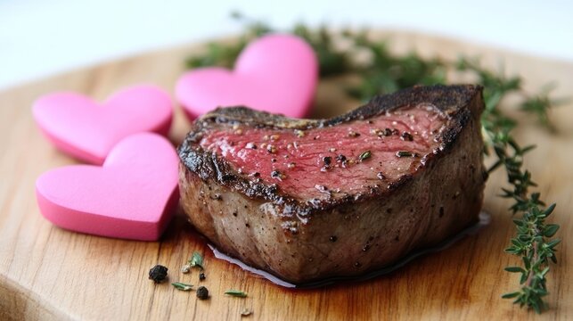 Perfectly cooked steak, ready for Valentine's Day.  A single, seasoned steak rests on a wooden board, accompanied by pink heart-shaped decorations and fresh herbs - Powered by Adobe