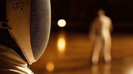 Close-up fencing mask, blurred opponent in background