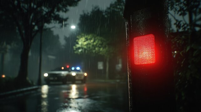 Rainy night, police car, dark street - Powered by Adobe