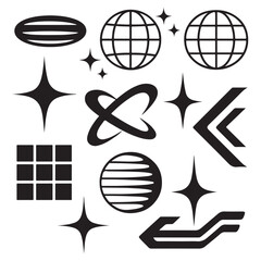 Futuristic Y2K vector shape set with abstract icons, globes, sparkle stars, grids, and tech-inspired elements. 
Perfect for digital design, posters, and streetwear graphics vector silhouette