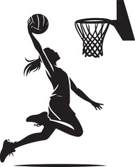  Dynamic illustration showing a female basketball player performing a powerful dunk, embodying athleticism and energy. Perfect depiction of sports action and competitive