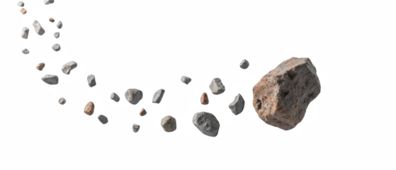 Scattered stones and pebbles create dynamic visual effect, showcasing various shapes and sizes in cosmic background