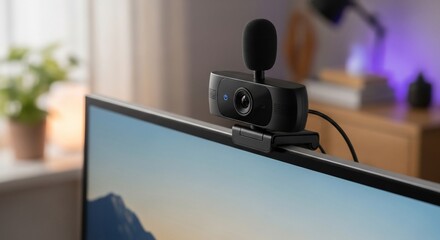 Webcam with integrated microphone mounted on top of a modern computer screen