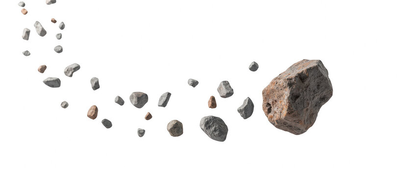 Scattered stones and pebbles create dynamic visual effect, showcasing various shapes and sizes in cosmic background