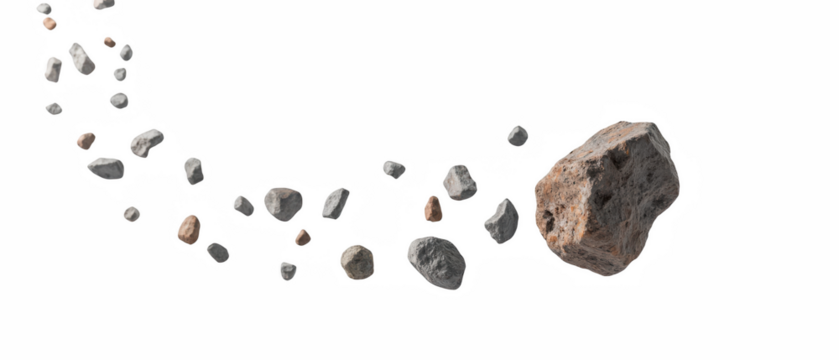 Scattered stones and pebbles create dynamic visual effect, showcasing various shapes and sizes in cosmic background