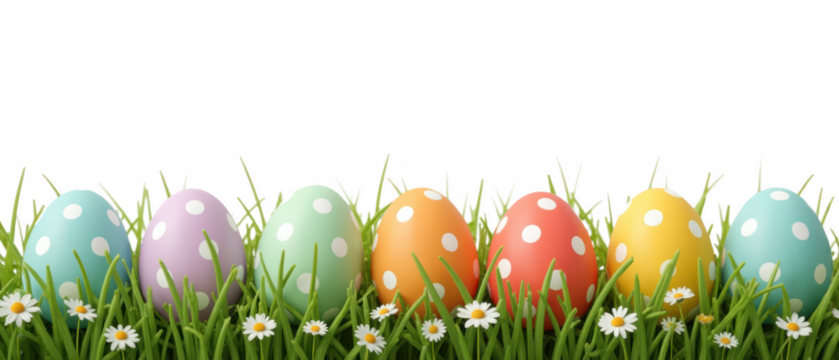 Colorful Easter eggs in grass with daisies create festive spring atmosphere. Perfect for celebrating holidays and family gatherings