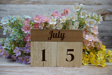Wooden Calendar Showing the Date of July 15th. Day 15 of July month