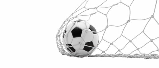 Soccer ball nestled in goal net, symbolizing victory and excitement in sports. scene captures essence of teamwork and competition