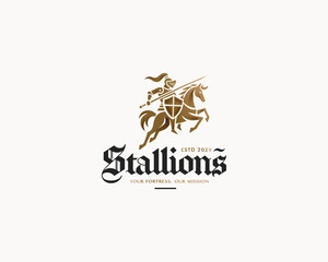 Fototapeta premium standing stallion medieval horse knight logo template