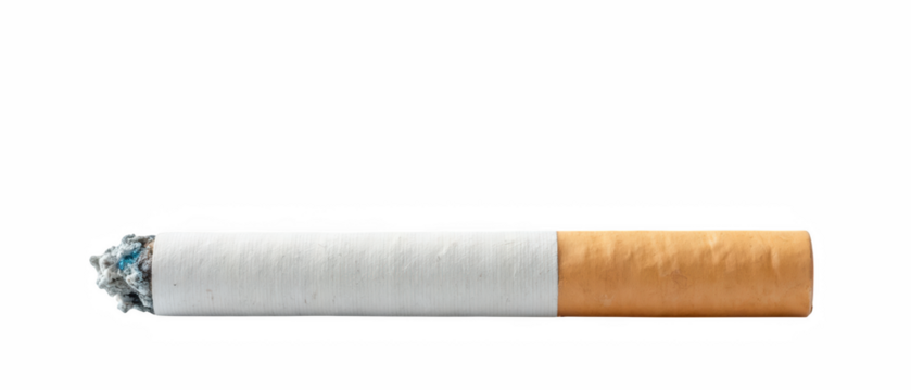Burning cigarette with ash and filter, representing smoking habits and health concerns