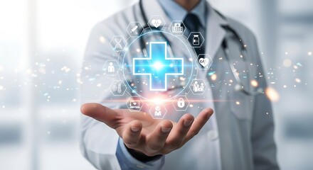 Doctor holding medical cross with digital healthcare icons
