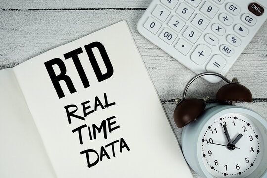 RTD Real Time Data text on paper notebook page with alarm clock and calculator on wooden background