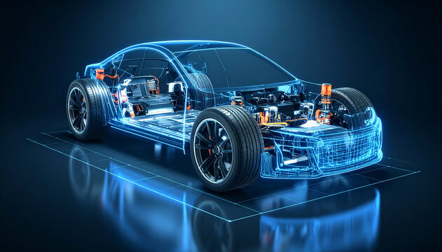 Futuristic holographic design of an electric car showcasing internal components and technology on a dark background
