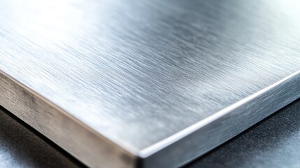 Sleek, brushed stainless steel surface.  Close-up view of a metallic tabletop