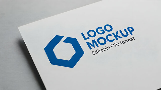 A close up of a white card with a blue logo mockup design and editable psd format text on it