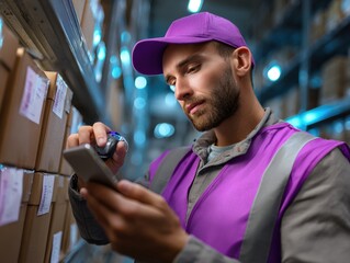 Warehouse Inventory: A warehouse worker meticulously scans a product, reviewing its details on a smartphone. The scene depicts the efficiency of logistics.
